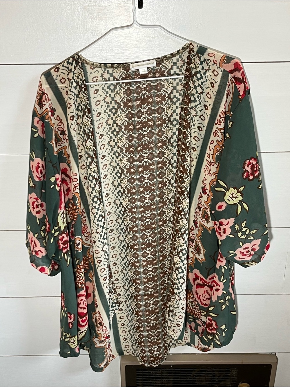 Warehouse One Geometric Floral Print Kimono in Brown and Cream